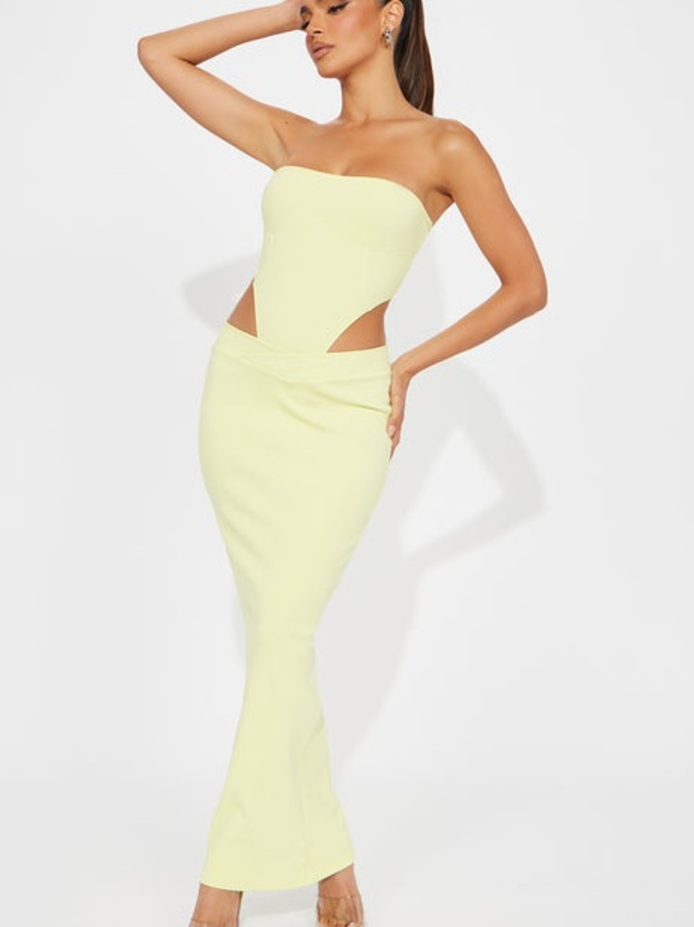 Fashion Nova Strapless Cutout Maxi Dress in Light Yellow